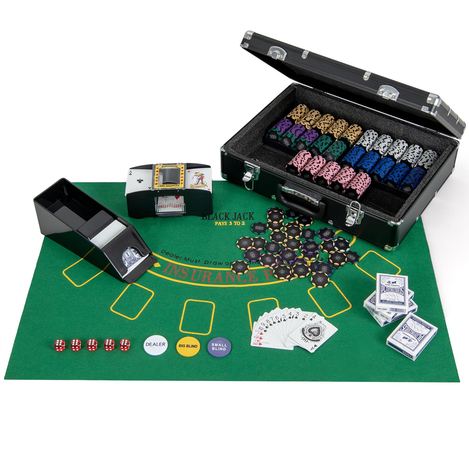 【送料無料】BestBuy ポーカーチップ ポーカーセット 数字入り チップ600枚 チップセット カジノチップ カジノゲーム カジノセット ブラックケース&カードシュー&カードシャッフラー ト&ランプ&サイコロ&マット付き (ブラック600枚数字14g)