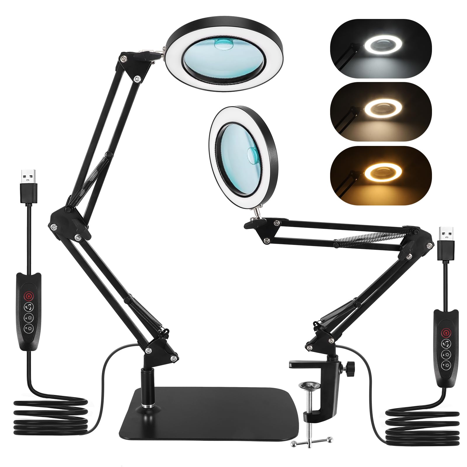 【送料無料】2024年新型2IN1式 拡大鏡 スタンドルーペ 作業用 LEDライト付き 10-15倍拡大鏡 卓上ルーペ usb給電 360°角度調整 無段階調光 高倍率 メガネ 折りたたみ式 手芸 模型 読書灯 目に優しい 多用途 ブラック