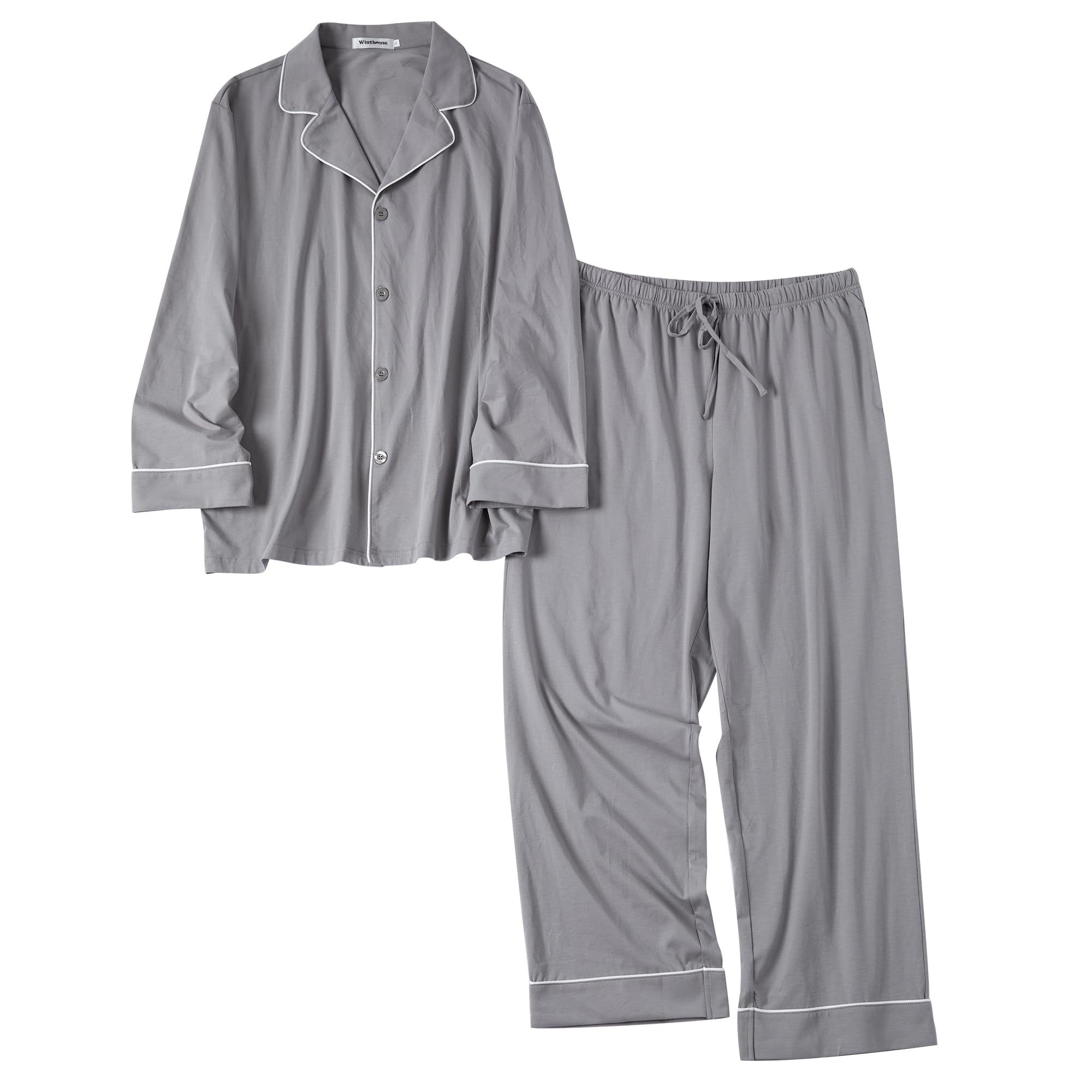 【送料無料】[Winthome] パジャマ メンズ 綿 長袖長パンツ 前開き 上下セット 涼感 春 夏 秋 吸汗 通気 シンプル 肌に優しい 柔らか 軽量 入院着 部屋着 寝間着 (2XL, グレー)