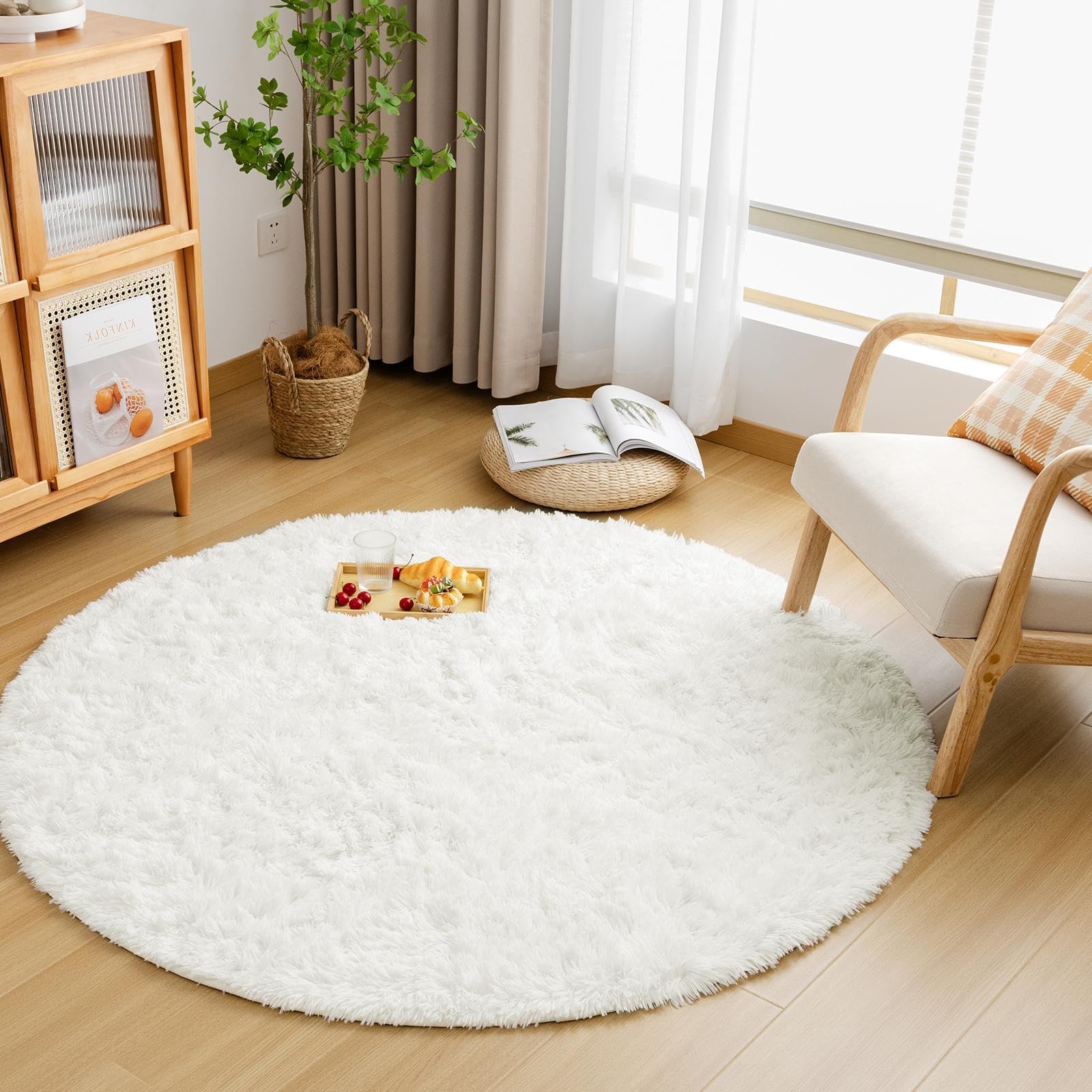 【送料無料】Sun Deco ラグ カーペット シャギーラグ 円形 直径150cm 洗えるラグ ラグマット 滑り止め 防音絨毯 ふわっと手触り オールシーズン リビング用 じゅうたん 柔らかい (ホワイト, 円形直径150cm)