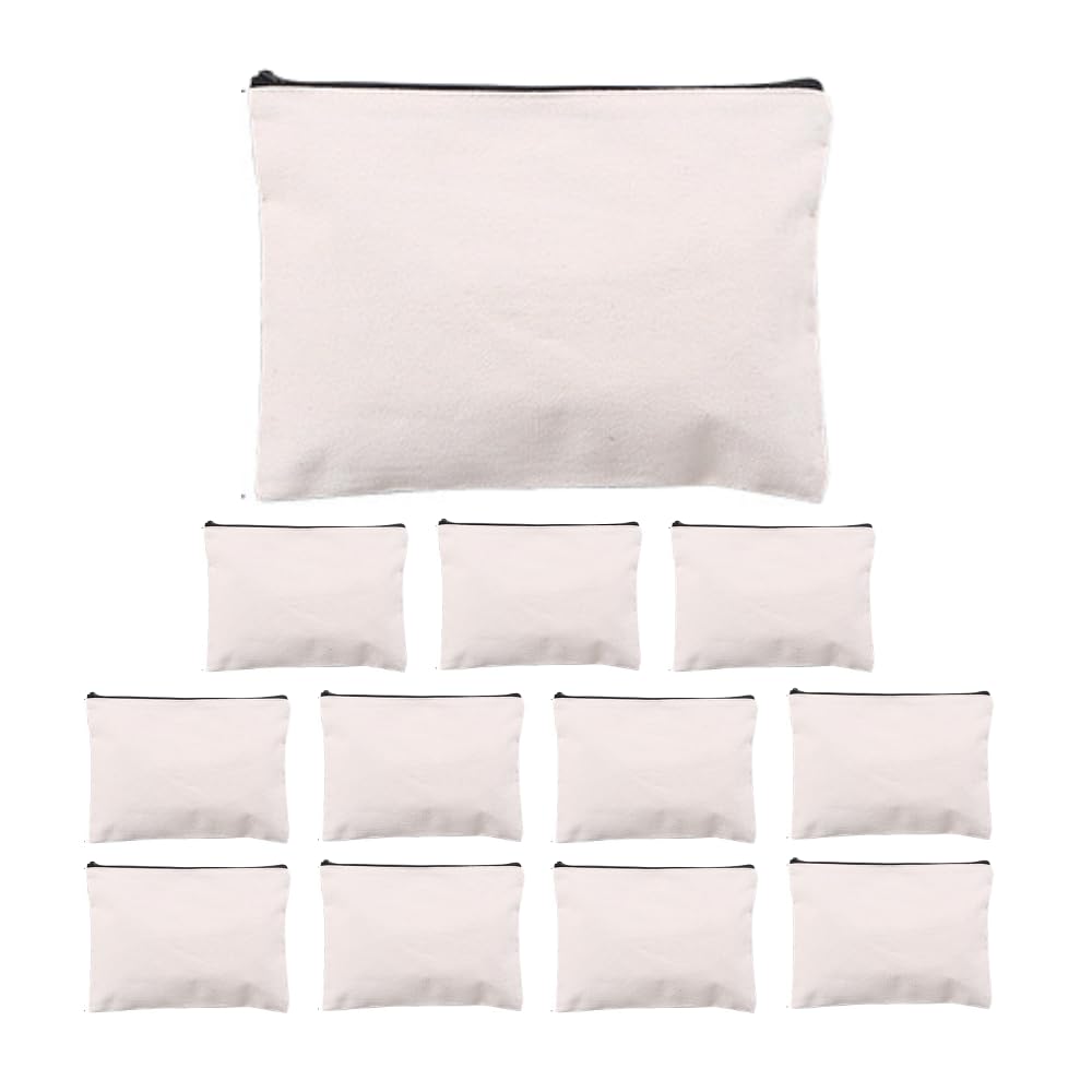 【送料無料】ANAMO ポーチ 無地 キャンバス マルチケース 12個 セット ベージュ (ブラックファスナー S)