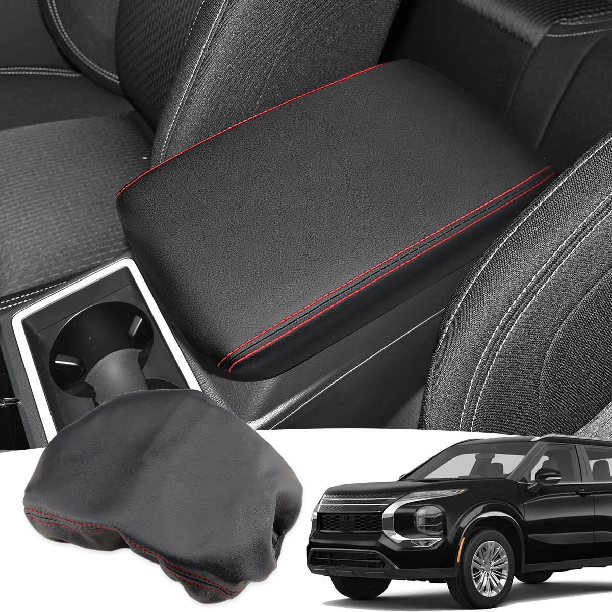 【送料無料】Auovo 三菱 アウトランダー GN0W型 3代目 2021年〜現行 専用 肘置き用 アームレストカバー センター アウトランダーPHEV コンソールボックス 傷防止 汚れ防止 アクセサリー 保護カバー 内装パーツ 車種専用 カバー (赤ステッチ)