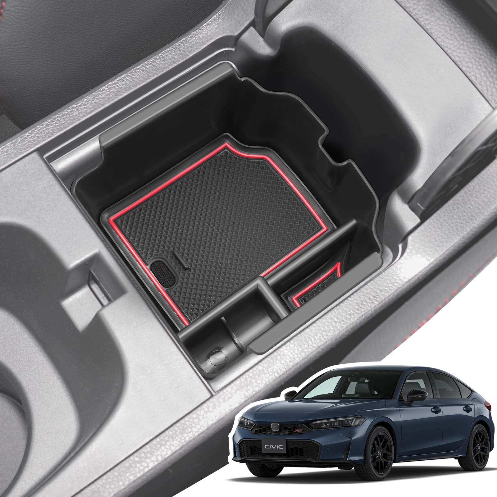 【送料無料】LANGBEAN ホンダ シビック FL系 MT車（2021.9〜現行）専用 コンソールトレイ コンソールボックス FL1 FL5 タイプR 収納ボックス 内装パーツ カスタムパーツ CIVIC アクセサリー 小物入れ ガタガタ音なし ラバーマット付き 滑り止め （レッド）