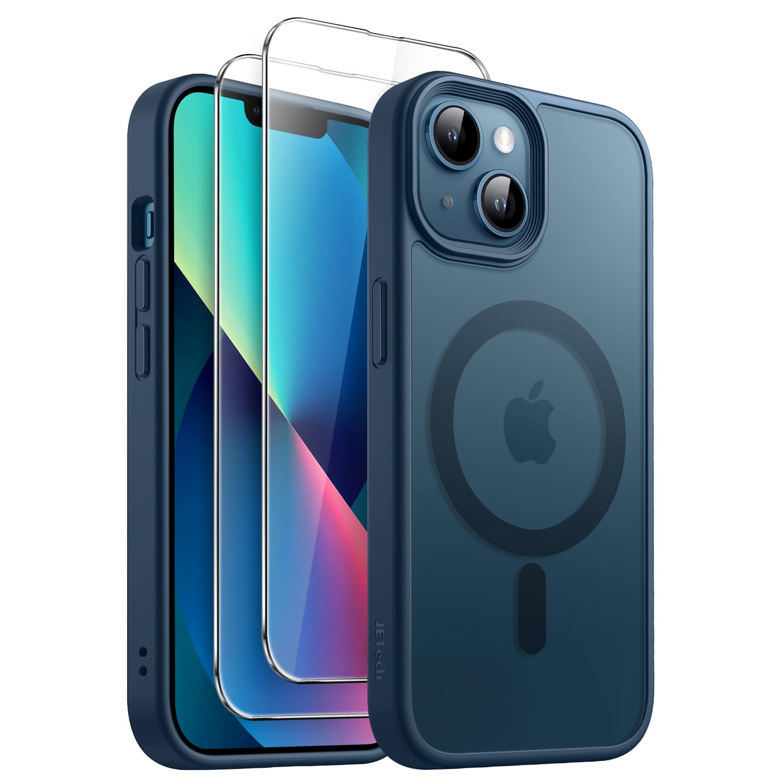 【送料無料】JETech 3 in 1 iPhone 13 mini 5.4 インチ用 マグネット ケース 2枚強化ガラスフィルム付き MagSafe対応 半透明マットバック 耐衝撃スマホカバー (ストームブルー)