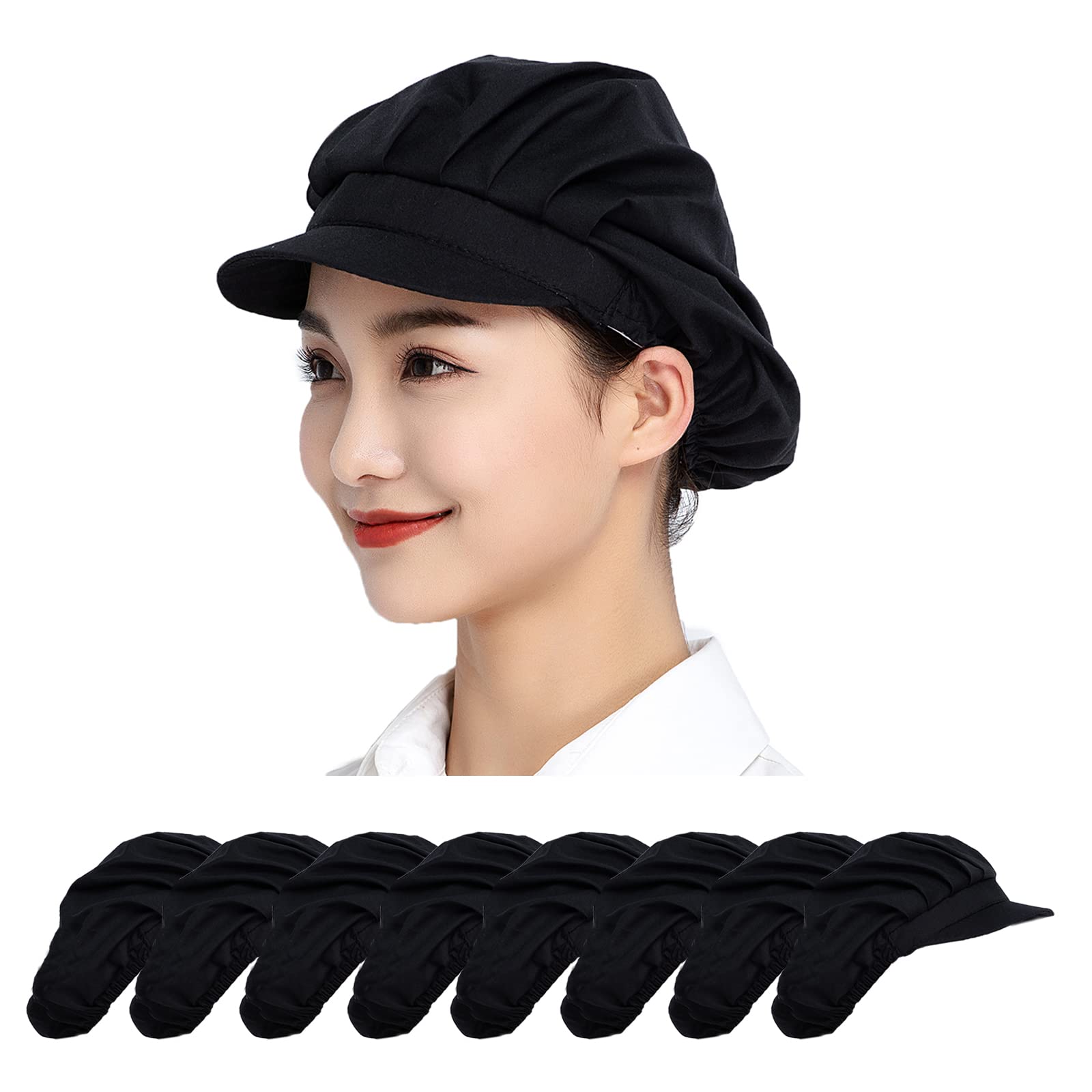 【送料無料】[Maifunn] 衛生キャップ 8枚セット 帽子 キッチン 衛生帽 給食帽 飲食 工場 給食 作業 レストラン 綿 布 男女兼用 ピンク レディース メンズ MZ8007-Black