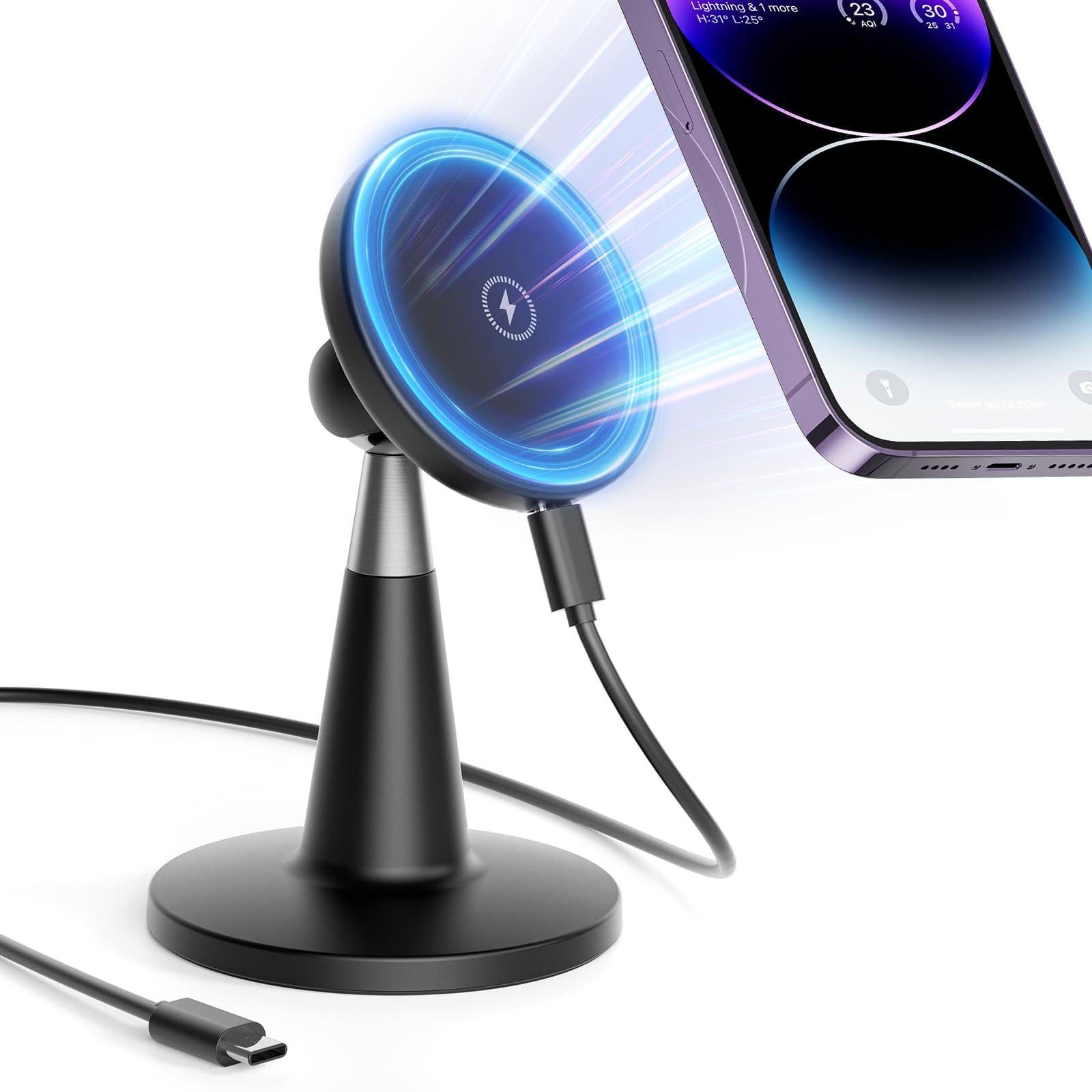 【送料無料】enGMOLPHY マグネットスマホホルダー マグセーフワイヤレス充電スマホスタンド卓上 磁石携帯スマホスタンド机 机15W急速充電 iPhone 16/15/14/13/12シリーズ対応マグセーフアイフォンデスク置き台 (ブラック)