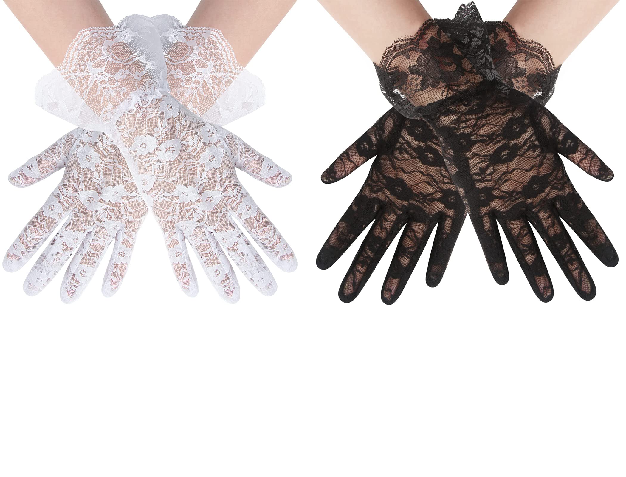 【送料無料】CCINEE グローブ UVカット手袋 レディース レース ショート 滑り止め 紫外線対策 日焼け止め ウエディング アウトドア ドライビング用 春夏 (2ペア 白+黒)