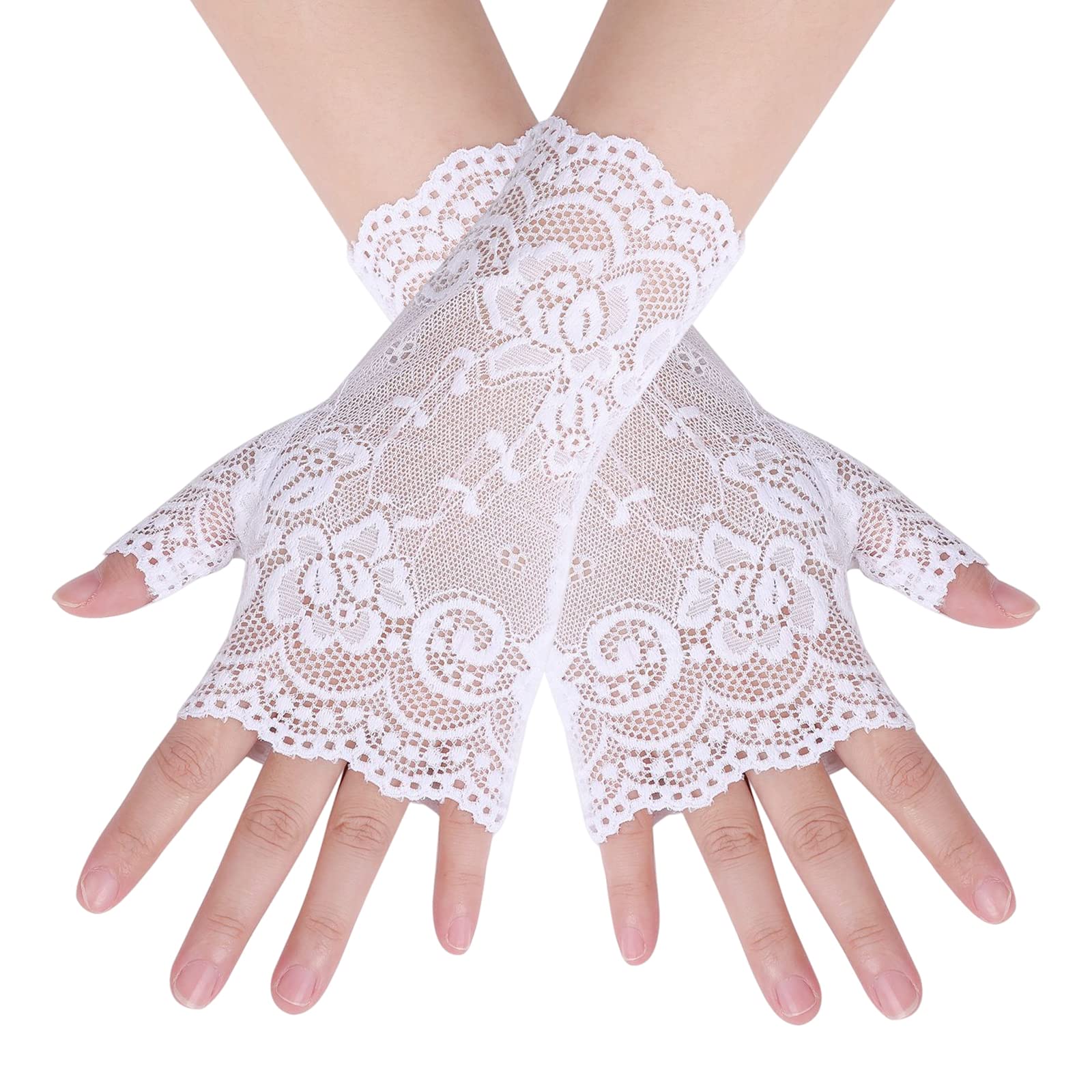 【送料無料】CCINEE グローブ UVカット手袋 レディース レース ショート 滑り止め 紫外線対策 日焼け止め ウエディング アウトドア ドライビング用 春夏 (指切2 ホワイト)