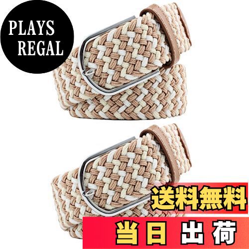 【送料無料】[RAKUKOU] ベルト メンズ メッシュベルト 2本セット サイズ調整フリー 編み込み レディース 伸縮ベルト 伸びる カジュアル ビジネス 紳士 (カーキベージュホワイト, 105CM)