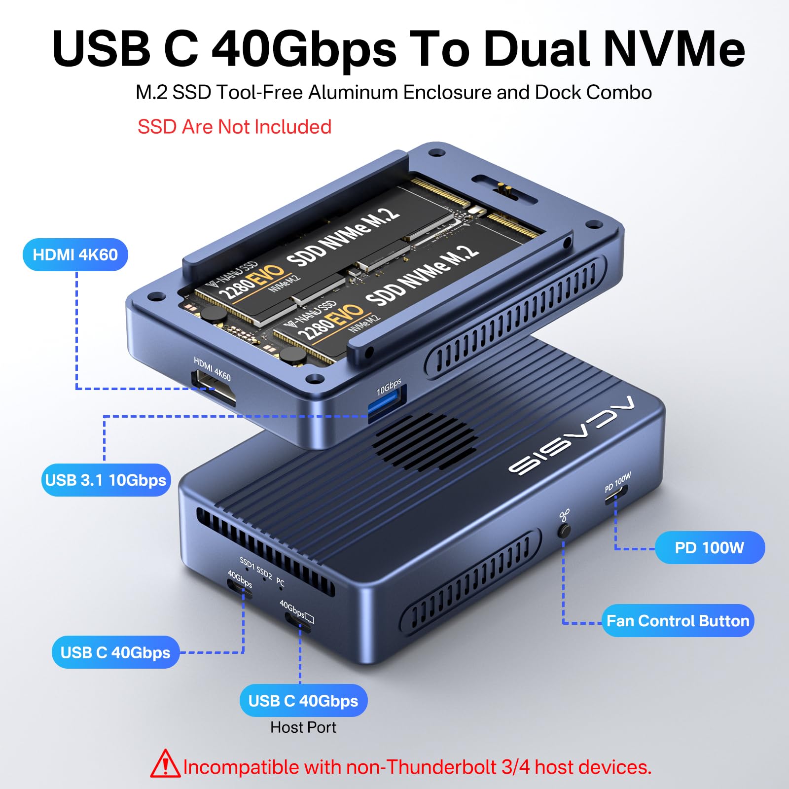 【送料無料】ACASIS 40Gbps M.2 NVMe SSD 外付けケース 冷却ファン内蔵 Thunderbolt4/3 & USB4.0完全対応 デュアルベイM.2 NVMeエンクロージャー B+M/M key SSD対応 ソフトウェアRAID0/1構築可能 M1/M2 & Windows 対応 デュアル4Kディスプレイ出力 2ポートType-C 40Gbps(TBU4 - Image 2