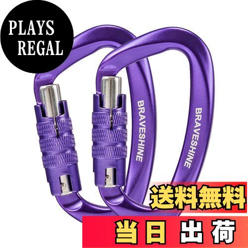 【送料無料】カラビナ 12KN オートロック式 BRAVESHINE 耐荷重1200kg ロックカラビナ Dリング 軽量 ハンモック タープ キャンプ用 荷物のフック 犬のリード用 多機能 2個セット (パープル 2個)