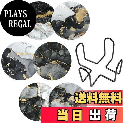 【送料無料】HAOCOO コースター おしゃれ セラミック製 大理石模様 コルク裏面 丸型 6枚セット 収納ホルダー付き マグ お茶パッド 断熱 珪藻土よりも良い 吸水 速乾 滑り止め 家庭用 オフィス用 新築祝い プレゼント-SRMK17(ブラックゴールド)