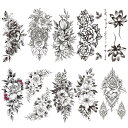 Yesallwas タトゥーシール 花 黒 10枚セット 入れ墨シール リアル 防水 長持ち 刺青シール ボディーシール レディース black flower temporary tattoos 11.5x21CM (黒3)