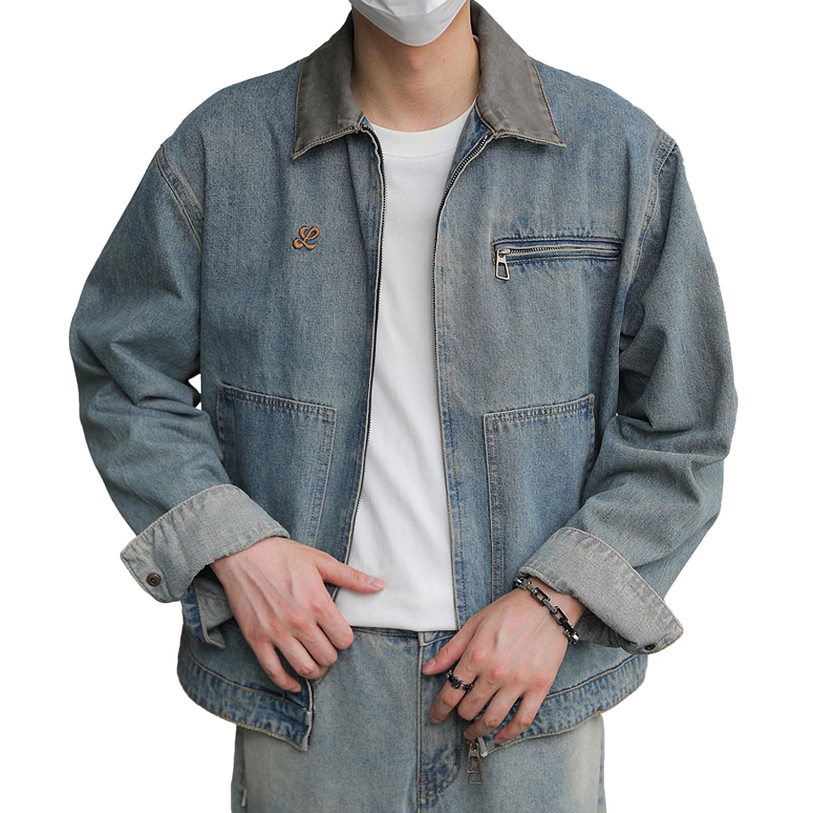 【送料無料】[maytopia] デニムジャケット デニム ジャケット Gジャン デニムブルゾン ブルゾン メンズ レディース 汚し加工 デニム素材 春 秋服 春服 JK7007 色：ブルー、サイズ：3XL