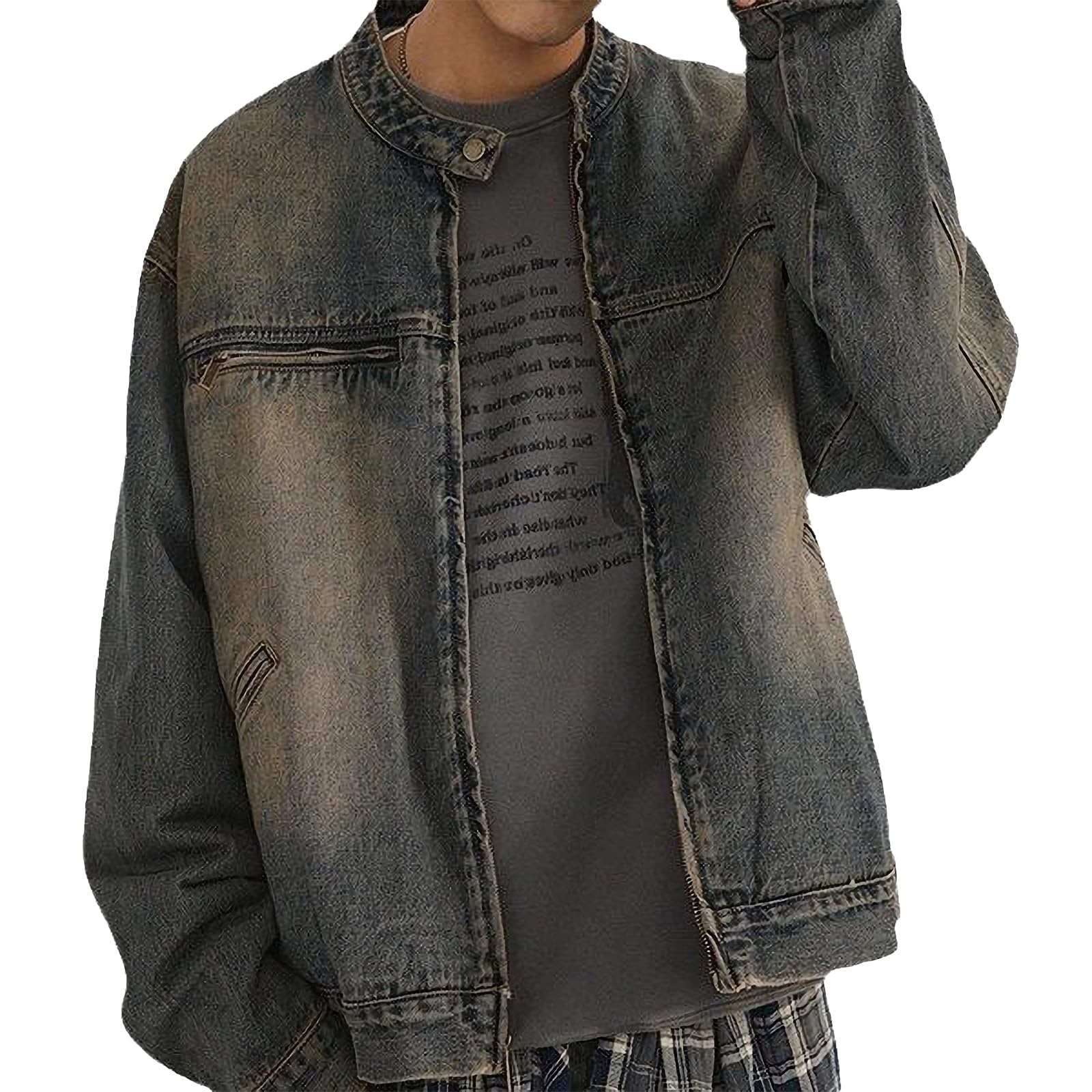 【送料無料】[maytopia] デニムジャケット デニム ジャケット Gジャン メンズ レディース 汚し加工 ノーカラー デニム素材 秋服 冬服 春服 JK9832 色：ブルー、サイズ：3XL