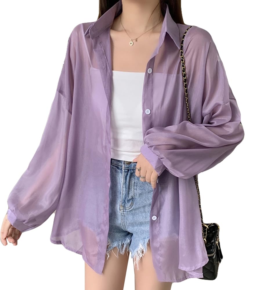 【送料無料】[MaxWant] シアーシャツ シャツ レディース トップス 透け感 羽織 ゆったり 日焼け対策 冷房対策 夏物 韓国ファッション 春 夏 色：パープル、サイズ：Free Size