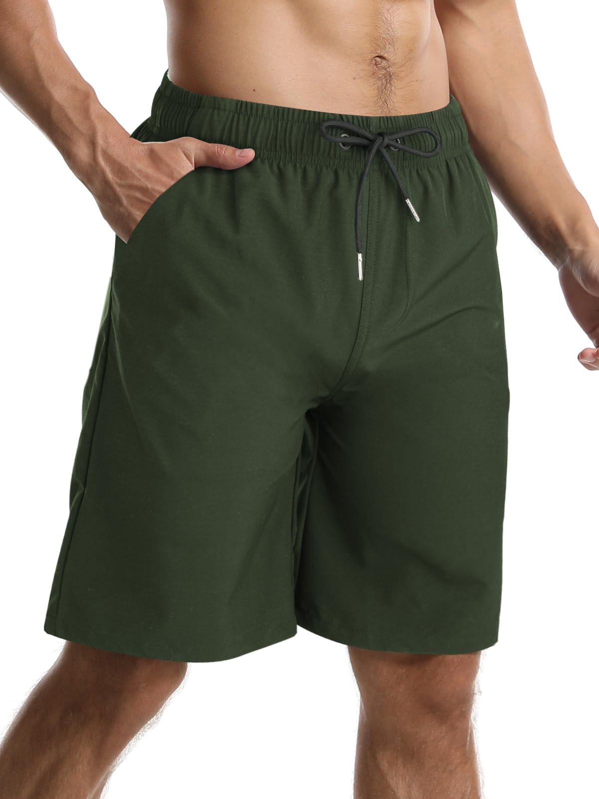 【送料無料】水着 メンズ サーフパンツ 夏 海水パンツ 膝丈 ボードショーツ スイムウェア 水陸両用 通気 速乾 メッシュインナー 大きいサイズ 色：アーミーグリーン、サイズ：3XL