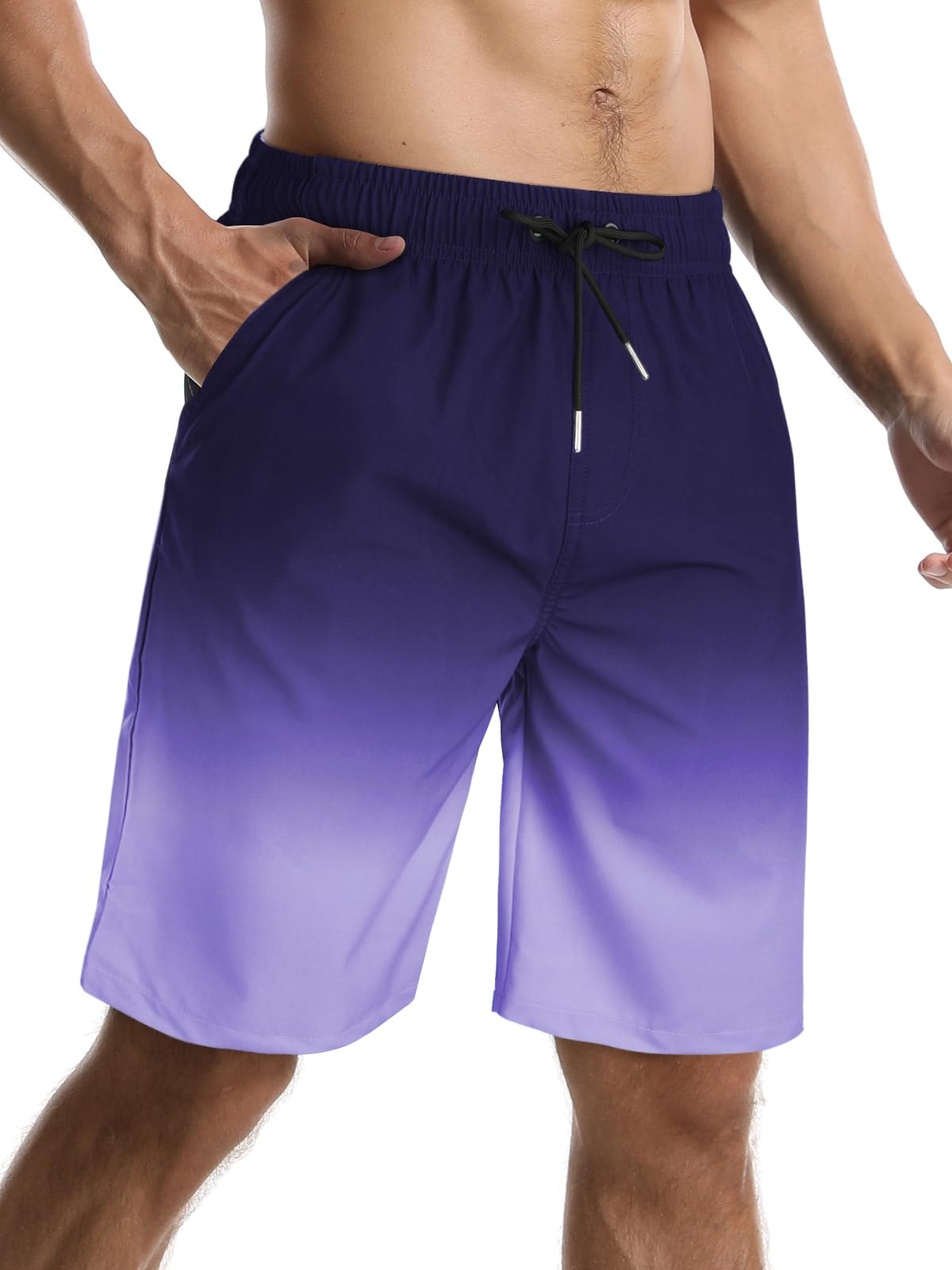 【送料無料】水着 メンズ サーフパンツ 夏 海水パンツ 膝丈 ボードショーツ スイムウェア 水陸両用 通気 速乾 メッシュインナー 大きいサイズ 色：パープル グラデーション、サイズ：L