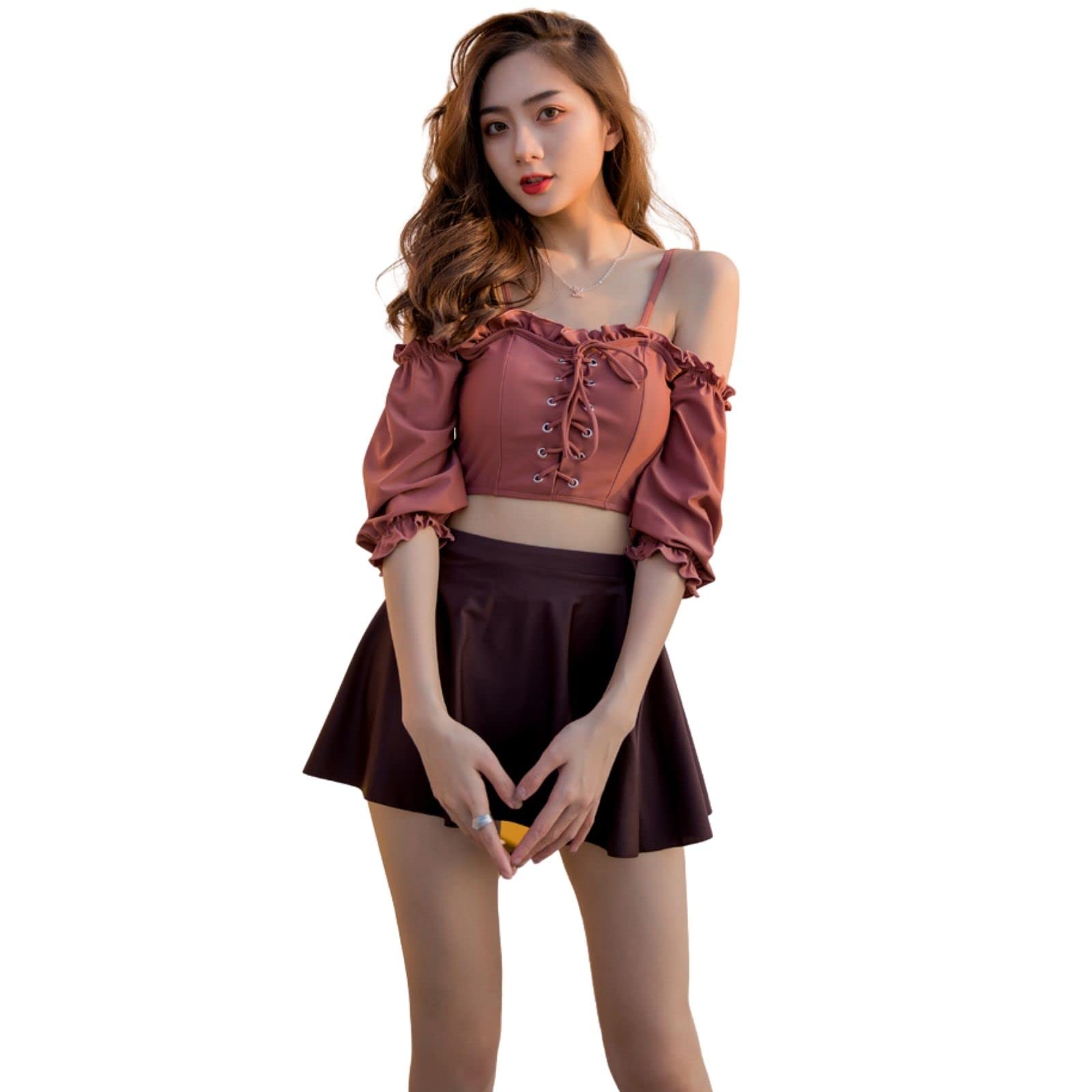 【送料無料】水着 レディース ビキニ オフショルダー ビスチェ風 3点セット 2way レースアップ水着 タンキニ ハイウエスト フリル水着 体型カバー スカート 女性 セパレート 温泉水着 かわいい水着 swimwear 色：ボルドー、サイズ：L