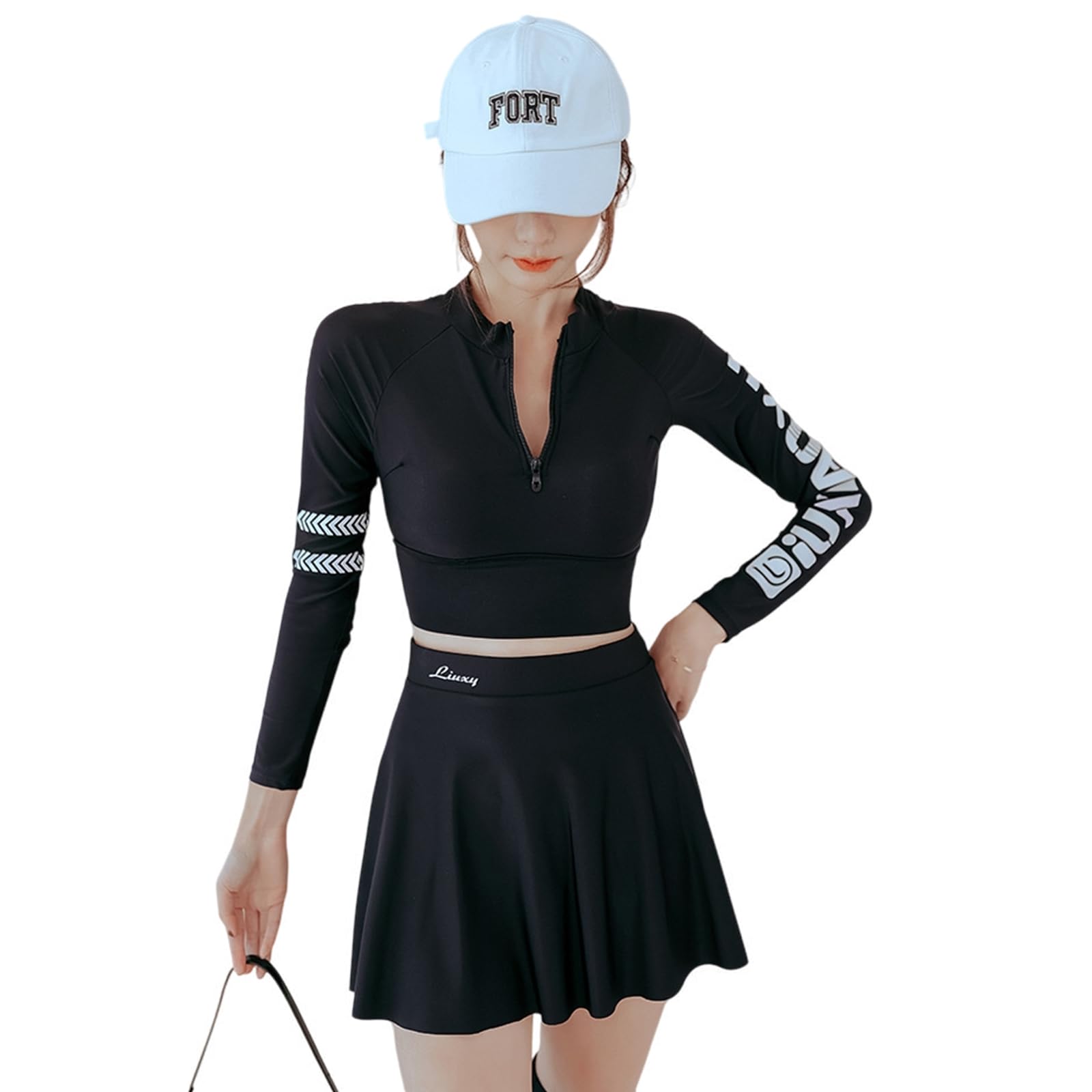 【送料無料】 水着専門店 水着 スポーティー レディース 2点セット 長袖 スカート ハーフジップ パッド付き ハイウエスト 体型カバー 快適 速乾 水陸両用 おしゃれ シンプル 学生 大人 水泳 温泉 海水浴 上下セット 色：ブラック、サイズ：L