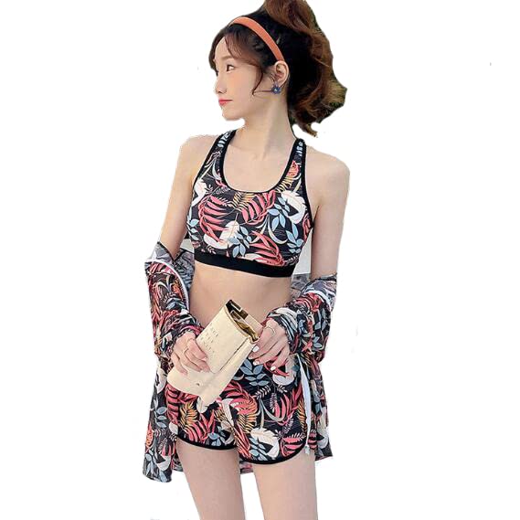 【送料無料】 水着 レディース 体型カバー フィットネス水着 長袖ラッシュガード セパレート 3点セット 日焼け対策 海水浴 温泉 花柄 可愛い 水陸両用 ビキニ ショートパンツ スカート 色：レッド、サイズ：XL