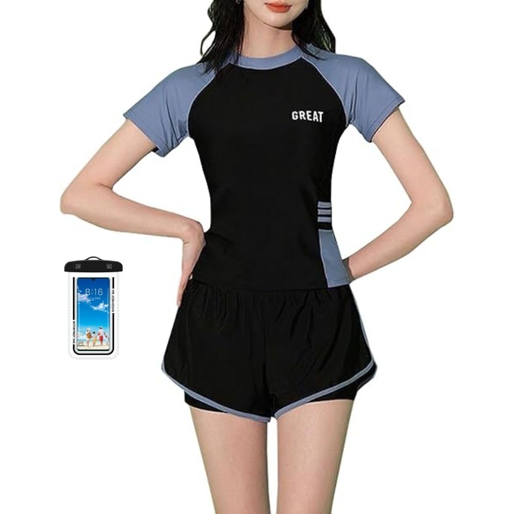 【送料無料】 水着 レディース セパレート 半袖 ショートパンツ 体型カバー パッド 付きフィットネス ..