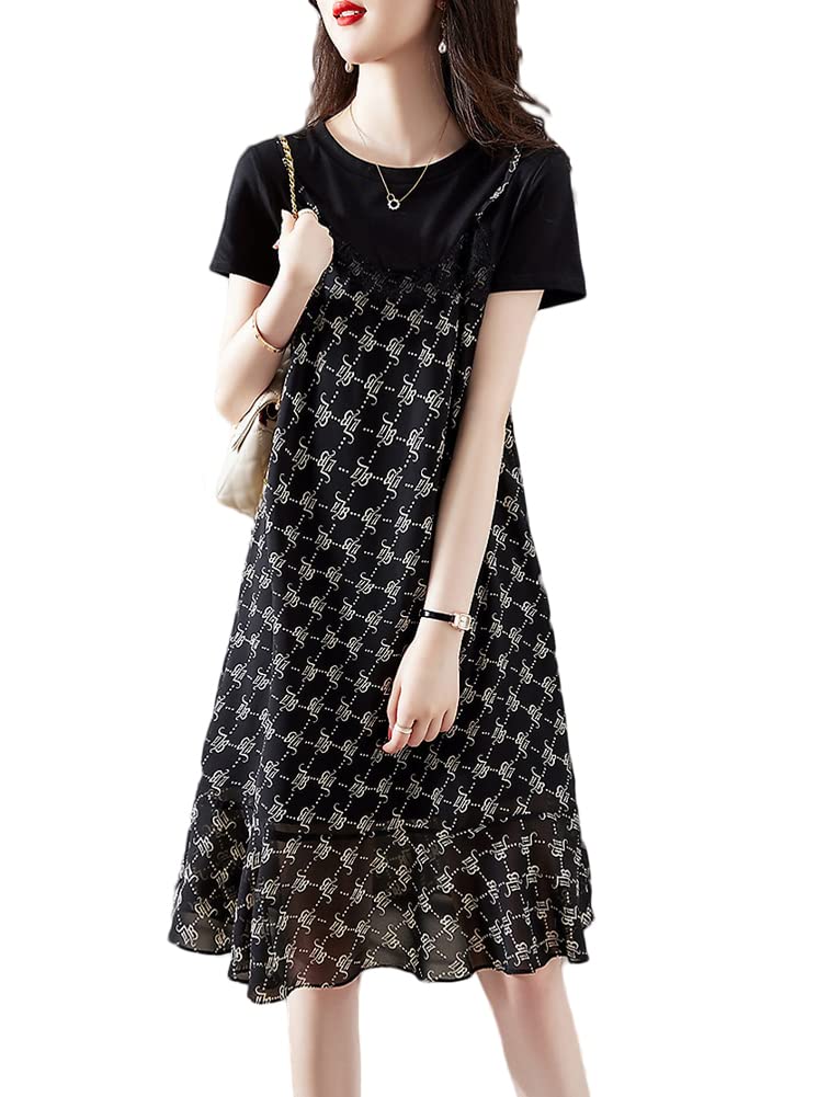 【送料無料】 ワンピース レディース 夏 切り替え ドレス シフォン 半袖 Aライン 丸首 膝丈 プリント 体型カバー おしゃれ きれいめ カジュアル 通勤 色：ブラック、サイズ：M