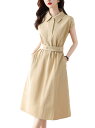 【送料無料】 ワンピース レディース 夏 半袖 Aライン ドレス 無地 折り襟 ベルト付き 膝丈 体型カバー おしゃれ きれいめ カジュアル 通勤 色:カーキ、...