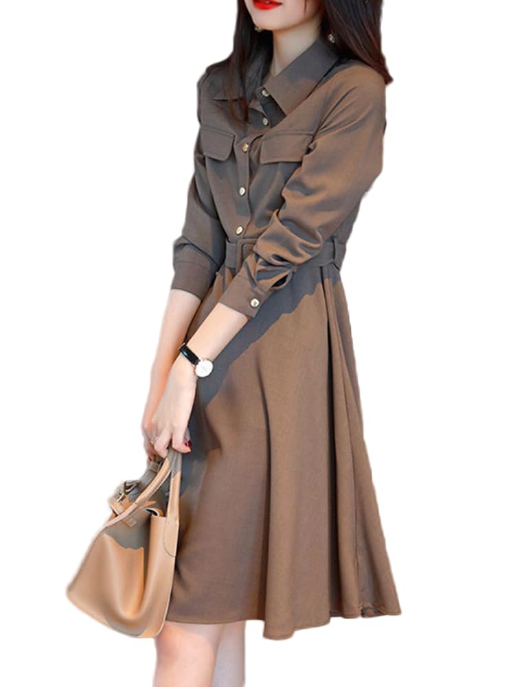 【送料無料】 ワンピース レディース 長袖 Aラインワンピース 無地 秋 冬 折り襟 ベルト付き 膝丈 体型..