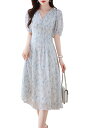 【送料無料】 ワンピース 夏 レディース 花柄 ミディアム丈ワンピース 半袖 シフォン フレアーワンピース Vネック Aライン ドレス パフスリーブ おしゃれ ...