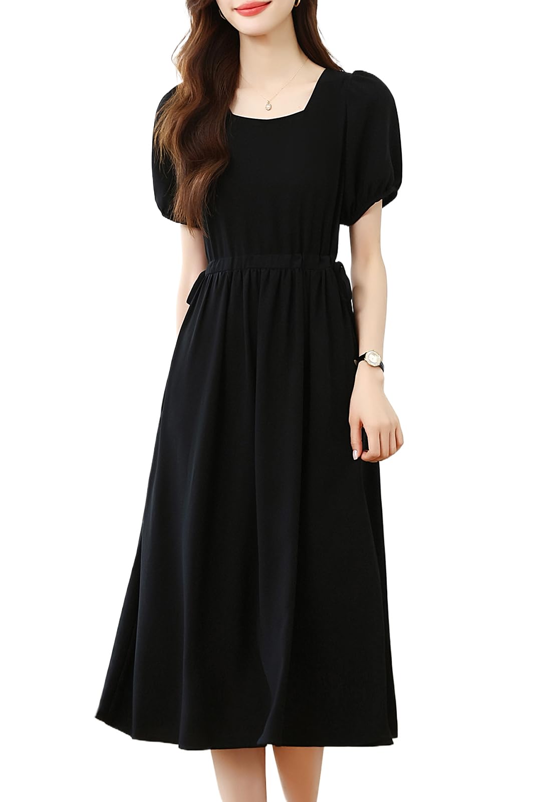 【送料無料】 ワンピース レディース 夏 スクエアネック ミディアム丈 半袖 Aライン Uネック 大人 ドレス 無地 パフスリーブ ゆったり 体型カバー 着痩せ おしゃれ カジュアル きれいめ 色：ブラック(8302)、サイズ：L