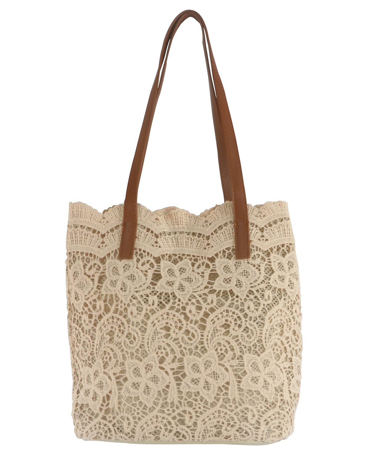 【送料無料】 （スイーヤ） トート バッグ レディース レース 2点セット チュール ポーチ付 肩がけ 手提げ マッチあり 総レース 切り替え バイカラー ファッション お洒落 可愛い 通勤 通学 出掛け 色：杏色、サイズ：Free Size