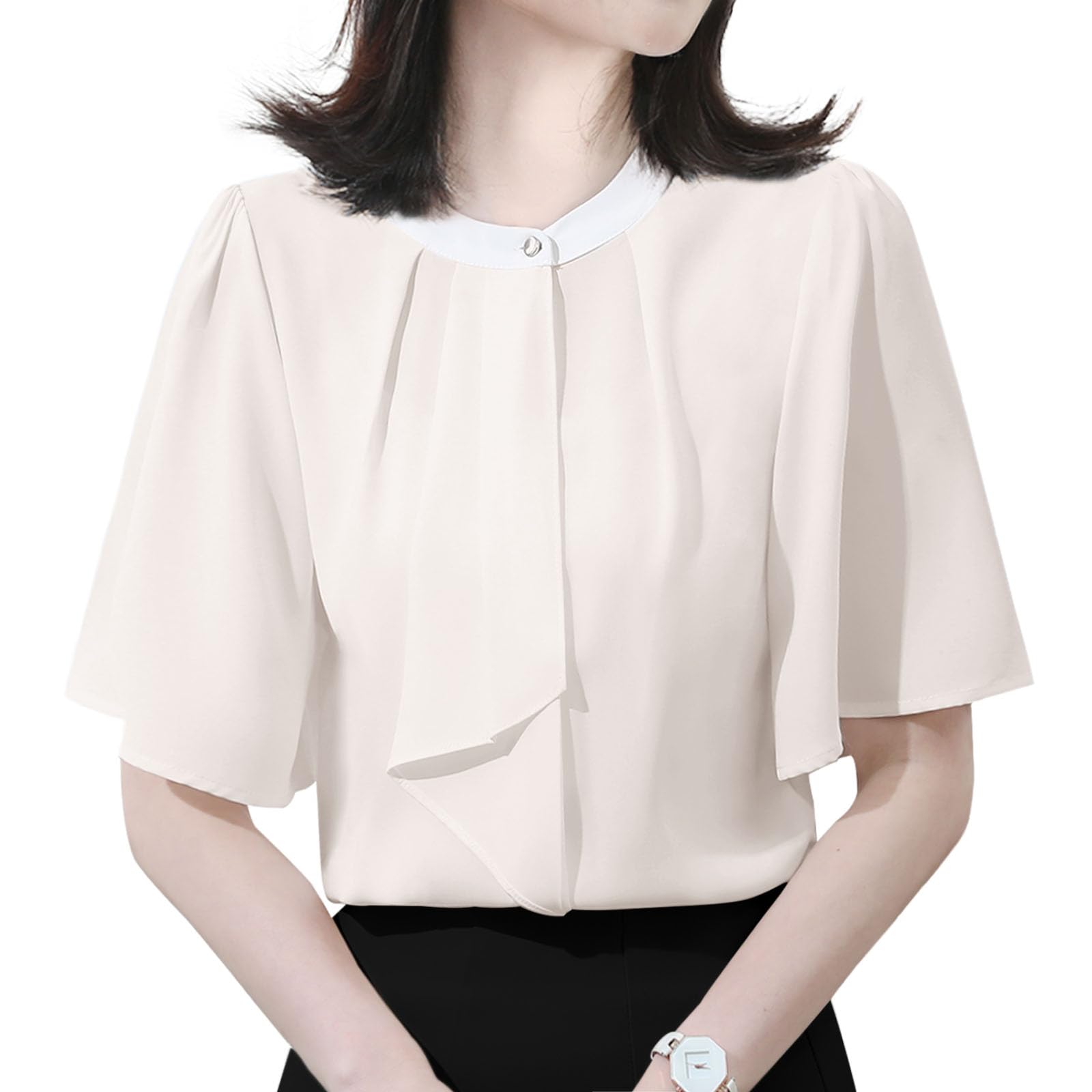 【送料無料】 スイーヤ ブラウス ボウタイ風 レディース シャツ バイカラー 半袖 トップス 着せ 女性 おしゃれ エレガント 可愛い カジュアル ビジネス オフィス フォーマル 通勤 OL 色：ベージュ、サイズ：M