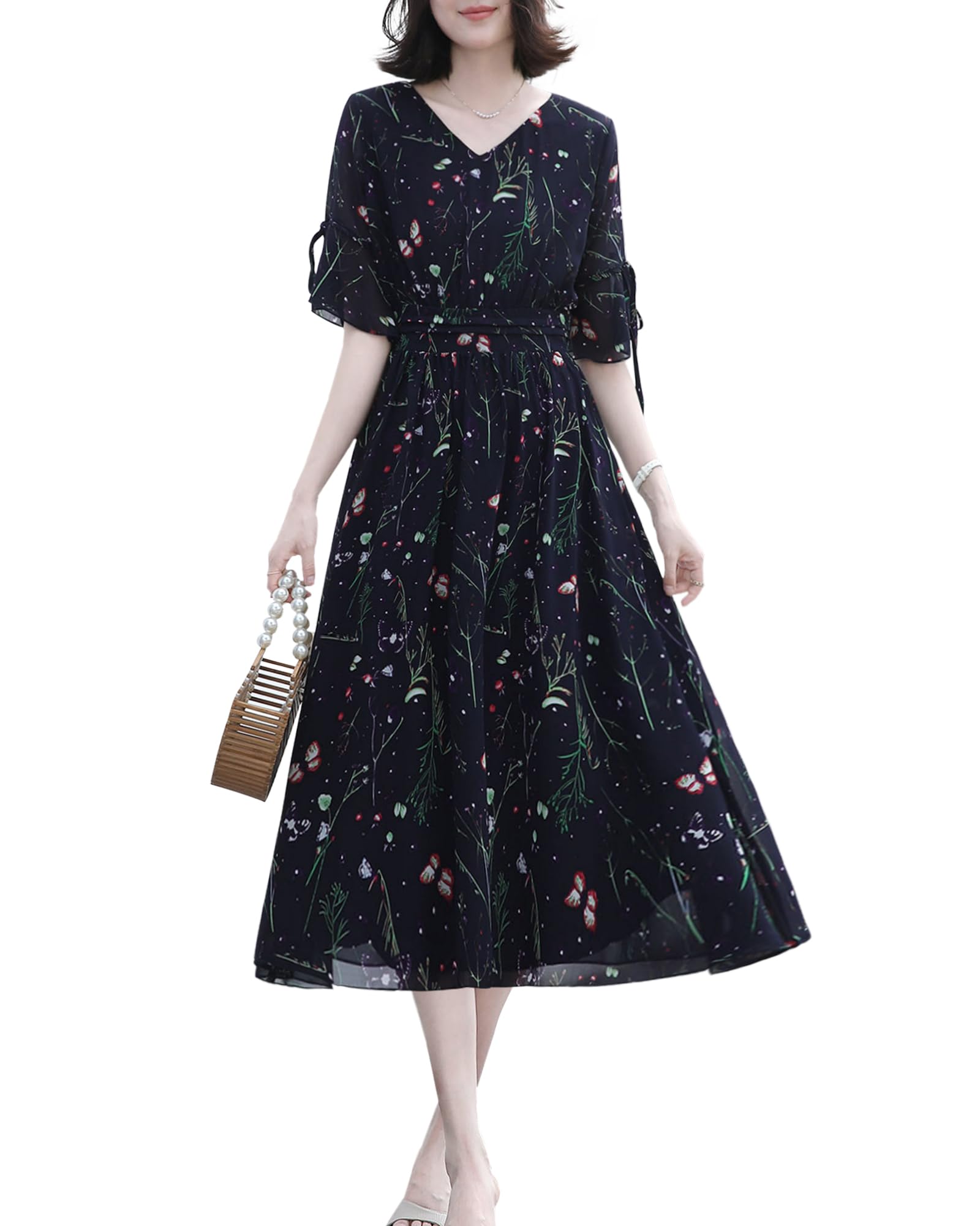 【送料無料】 スイーヤ ワンピース レディース 夏 花柄 ロング リント 半袖 Vネック リボン フレア タ..