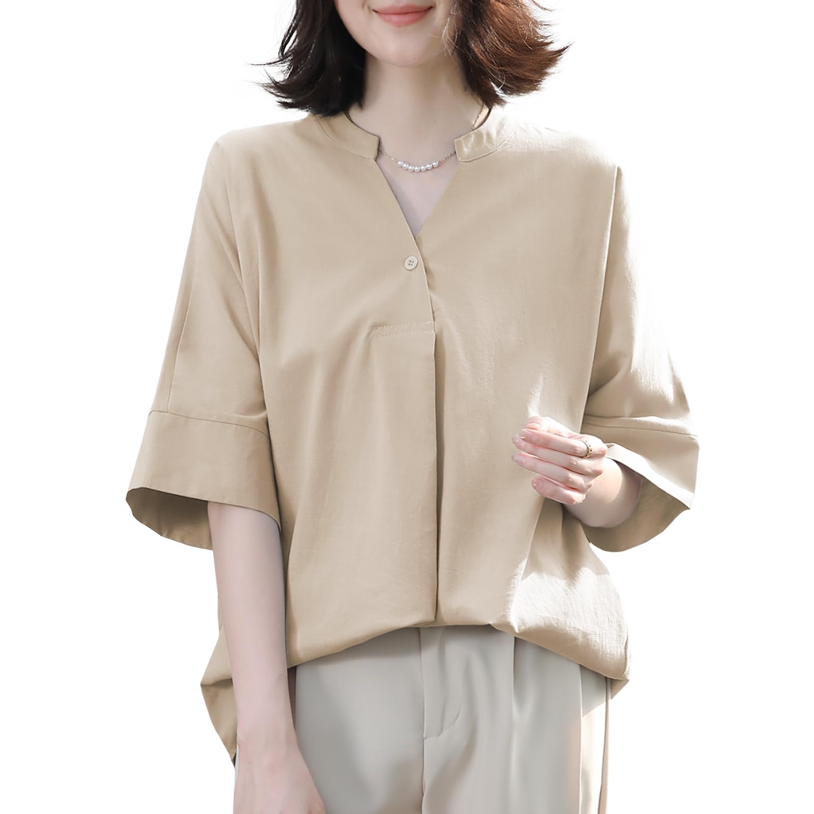 【送料無料】 スイーヤ ブラウス シャツ レディース ドルマン 夏 スキッパー 半袖 ゆったり 着痩せ 大きいサイズ プルオーバー 体型カバー お洒落 大人 可愛い トップス カジュアル 普段着 色：カーキ、サイズ：M