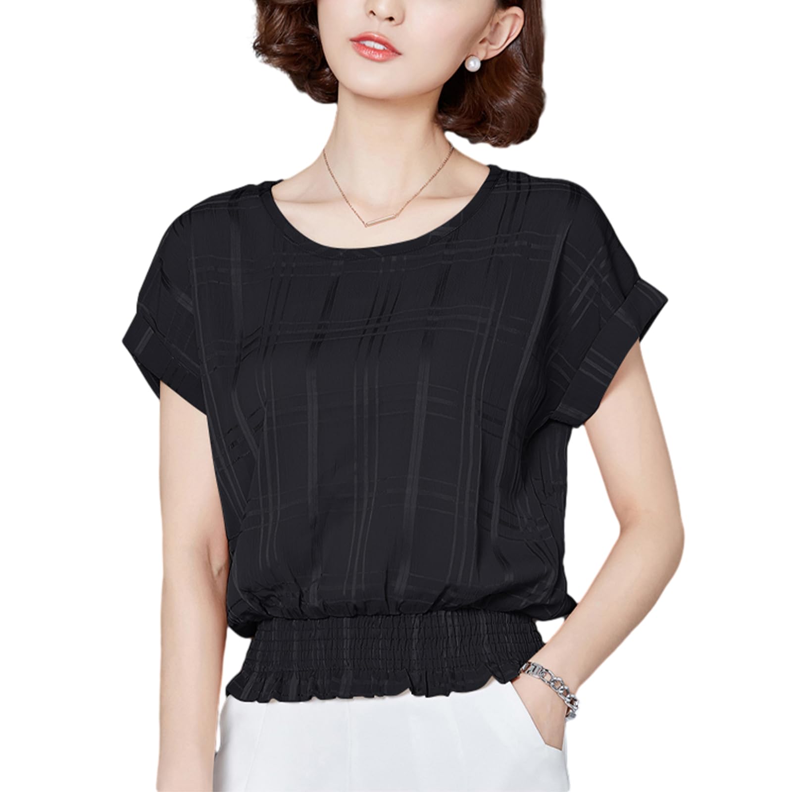 【送料無料】 ブラウス レディース トップス 半袖 シフォンブラウス チェック柄 ウエスト ゴム 無地 やや透け感 大人 大きいサイズ カジュアル 涼しい オフィス ふんわり ゆったり 体型カバー 薄手 通勤 可愛い 日常 春夏秋 色：ブラック、サイズ：XL