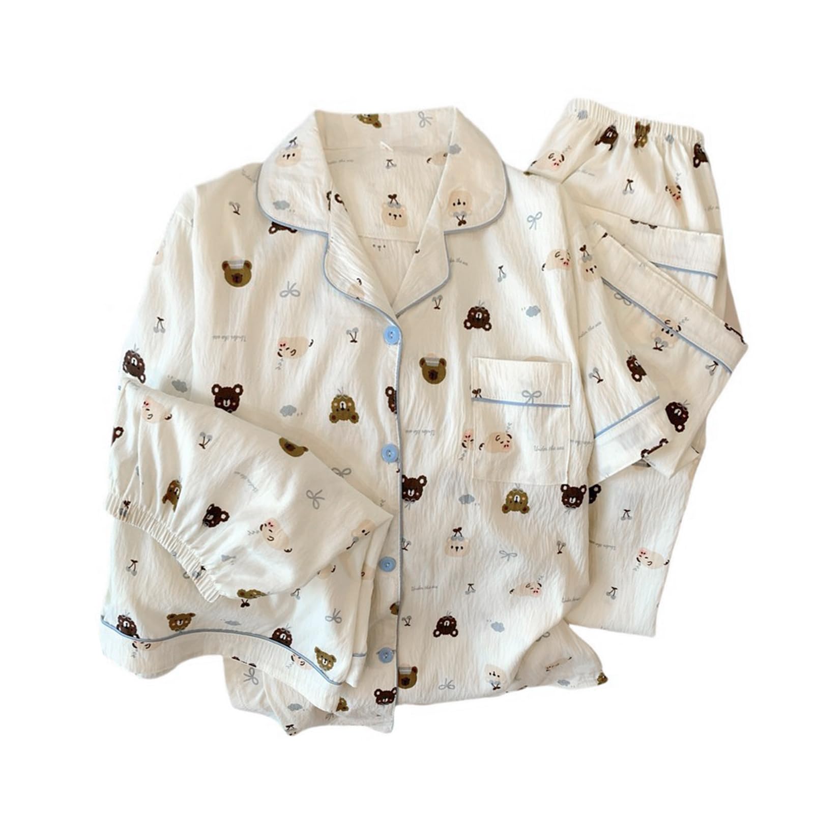 【送料無料】 スリーピース パジャマ レディース 薄手 綿 襟付き ルームウェア クマ ドッグ 弓 柄 Vネ..