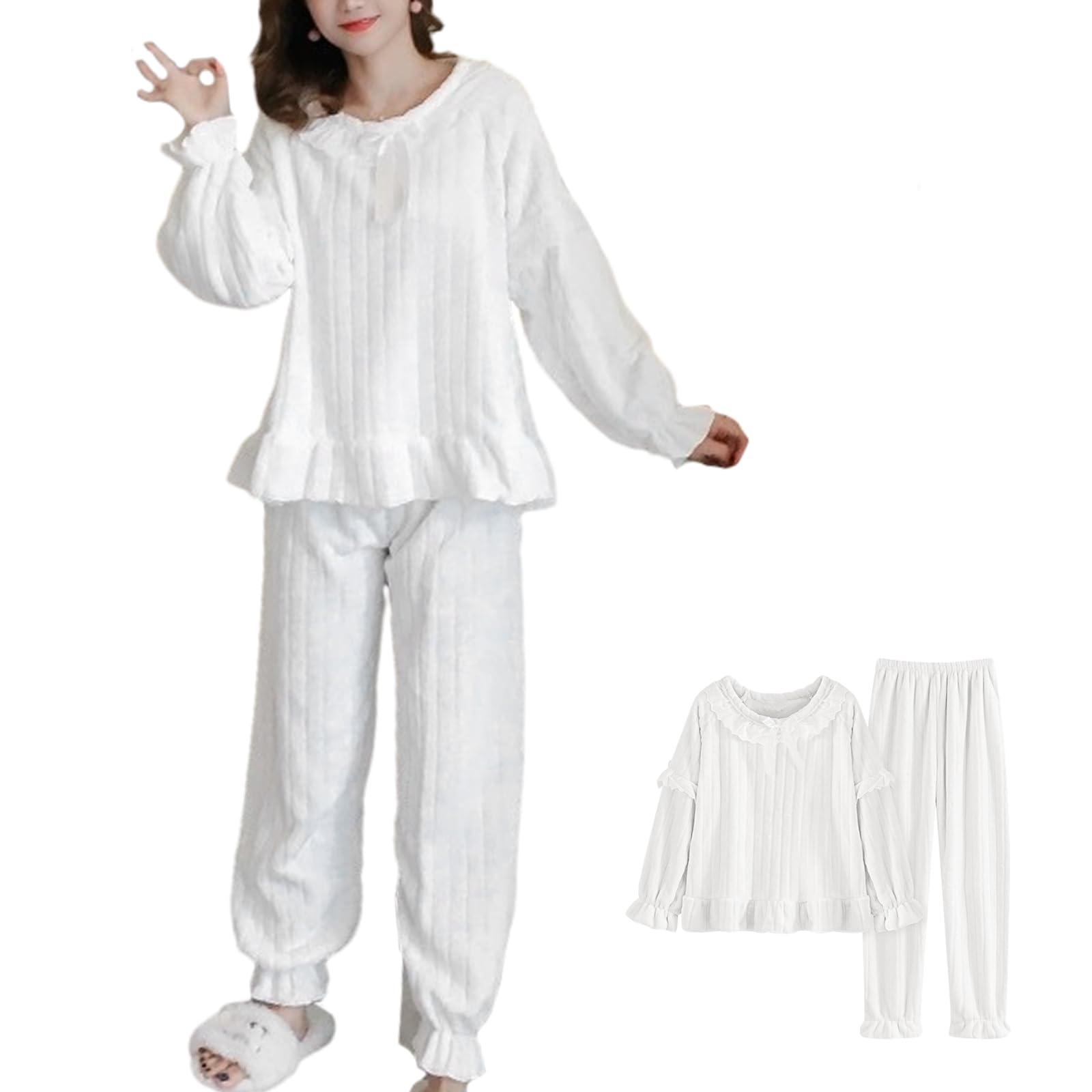 【送料無料】 レース 蝶結び パジャマ ルームウェア サンゴフリース フランネル レディース 長ズボン 長袖 寢巻き フリル 暖かい 上下セット もこもこ 吸汗...