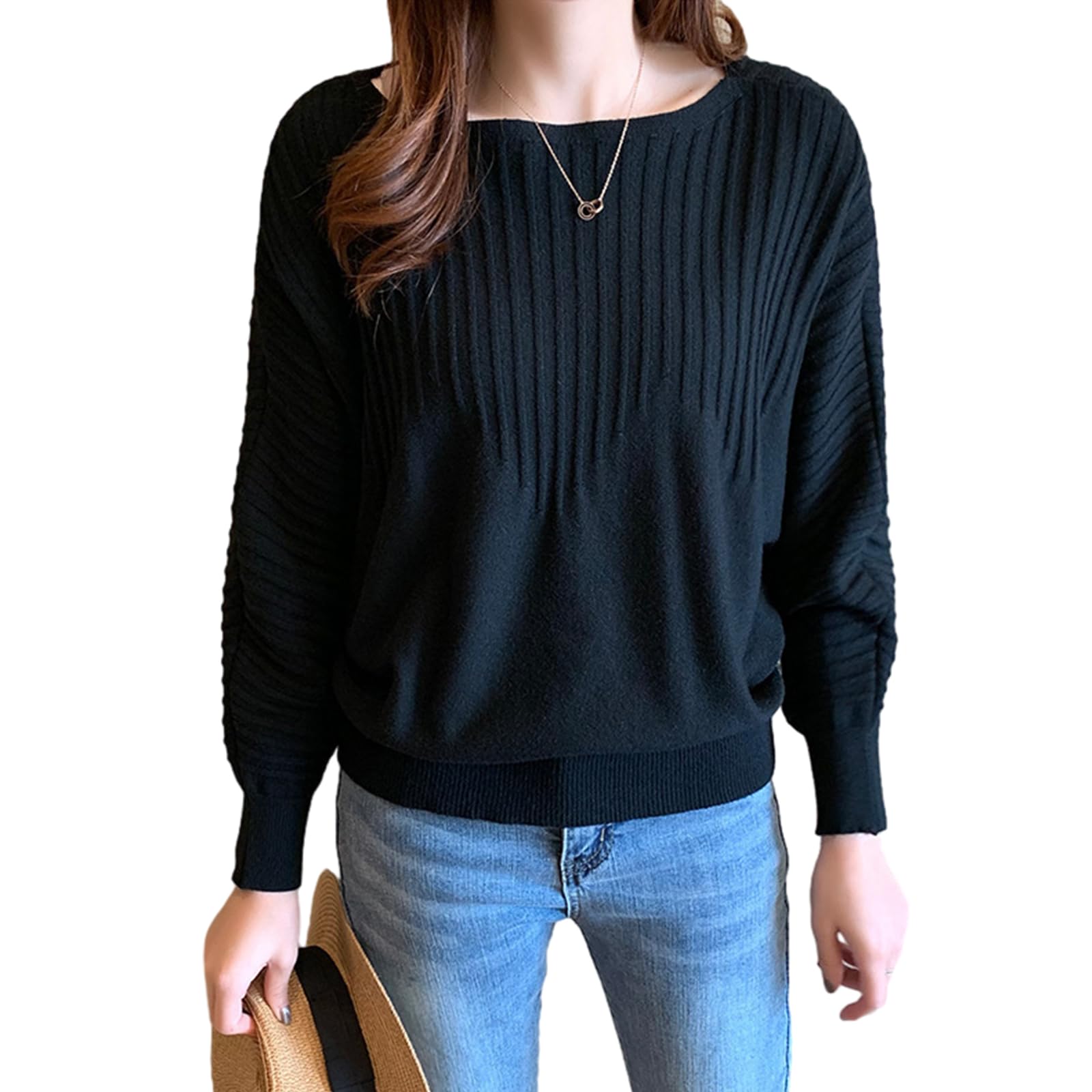 【送料無料】 ボートカラー セーター ニット レディース プルオーバー リップル 長袖 無地 リブニット ..