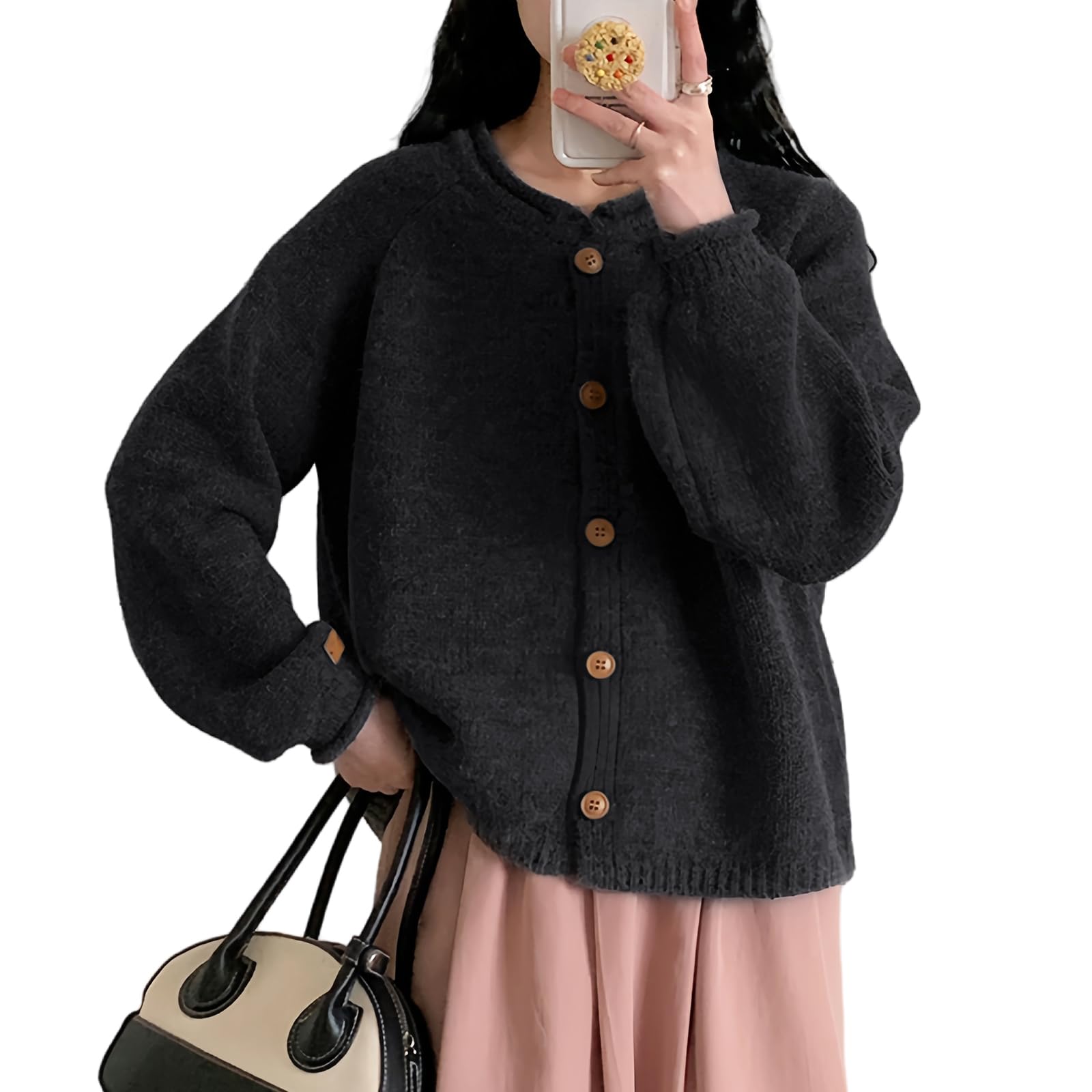 【送料無料】 ロングカーデ ニット レディース リブ カーディガン パフスリーブ ランタンスリーブ 長袖..