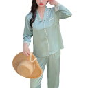 【送料無料】 レース シルク パジャマ ルームウェア 薄い レディース 長袖 韓国風 アイスシルク Vネック さらっとした肌触り 上下セット ボタン ポケット ...