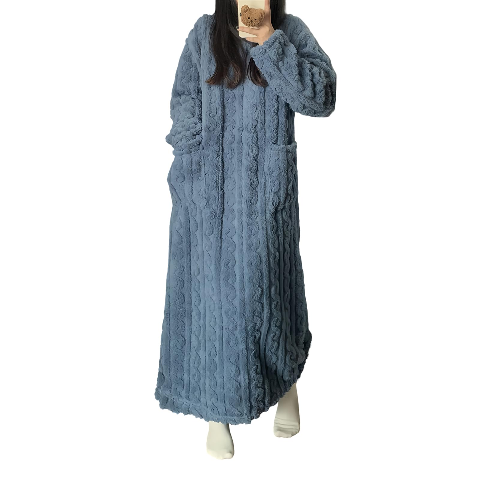 【送料無料】 ケーブル柄 パジャマ レディース ワンピースパジャマ ルームウェア フランネル もこもこ 軽量 長袖 丸首 ポケット ホームウエア 吸汗通気 シン...