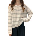 【送料無料】 ストライプ セーター レディース 薄い ニット 丸首 リブ 長袖 きれいめ 柔らか 高伸縮 大きいサイズ ゆったり トップス 通勤 シンプル ベースセーター 着痩せ プルオーバー カットソー オフィス 春秋冬 3色展開 色:グレー、サイズ:Free Size