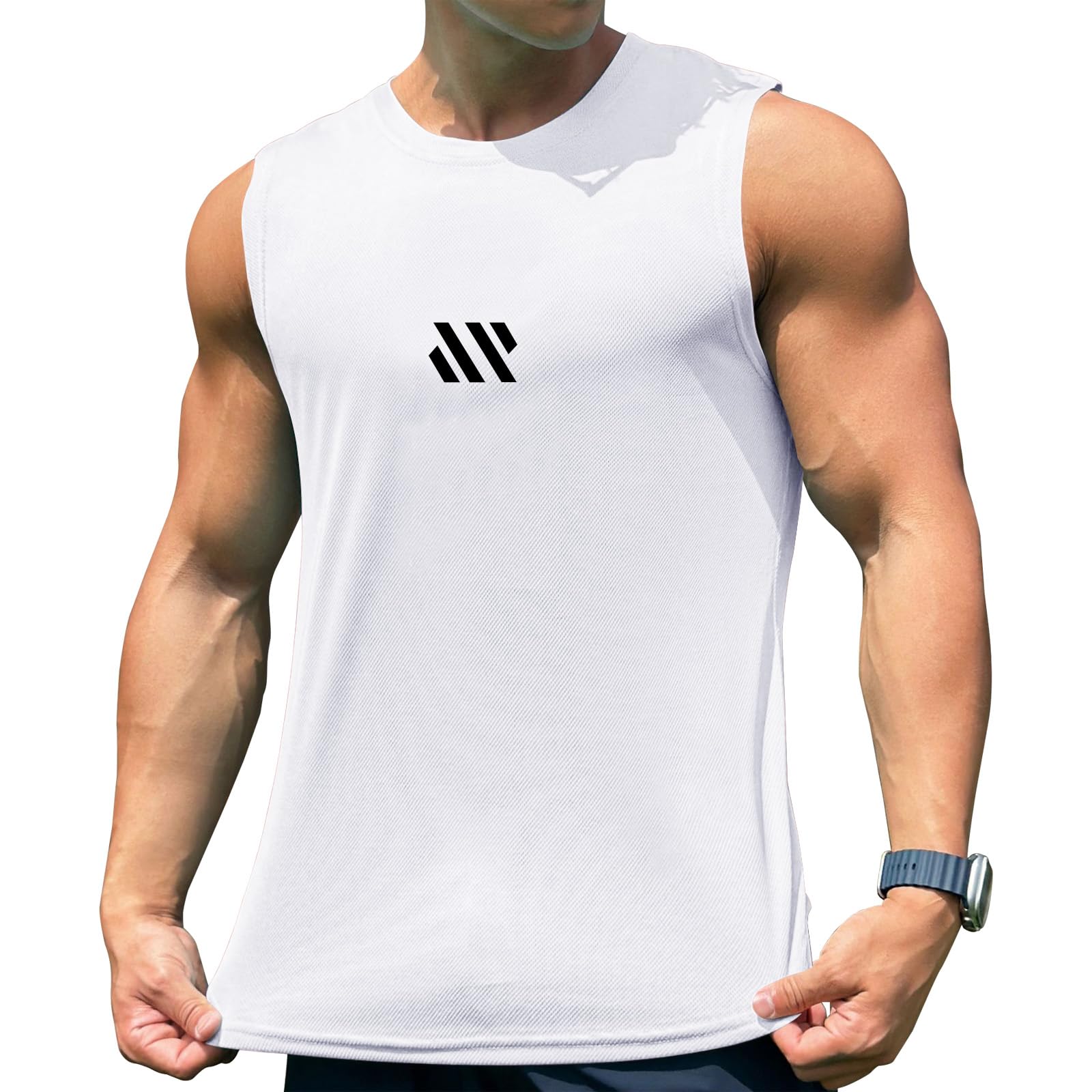 【送料無料】 メンズ タンクトップ トレーニング ノースリーブ フィットネスTシャツ 筋トレ スポーツインナー 袖なし スポーツウェア ボディビル マッスルフィット 吸汗速乾 13色 色：ホワイト、サイズ：2XL