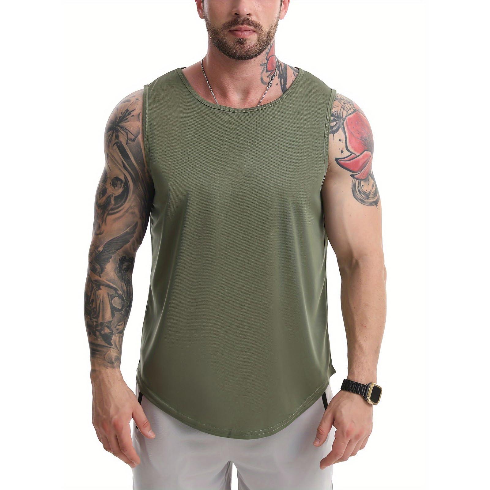 【送料無料】 メンズ タンクトップ トレーニングウェア Uネック ノースリーブ フィットネスTシャツ 筋トレ スポーツ 袖なし スポーツウェア ボディビル マッスルフィット吸汗速乾 インナー 肌着 色：グリーン、サイズ：L