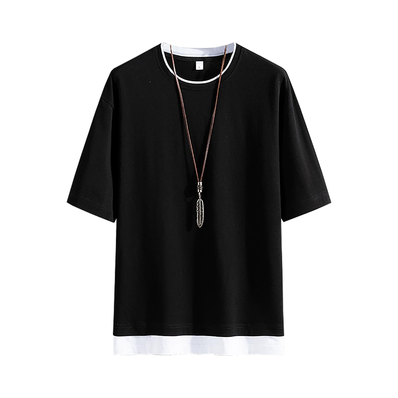  重ね着風 tシャツメンズ tシャツ 半袖 無地 重ね着風 大きいサイズ ゆったり 五分袖 大きめサイズ レイヤード メンズ ゆったり ビッグシルエット 色：ブラック、サイズ：XL