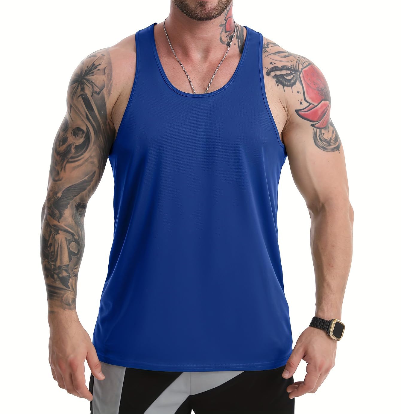 【送料無料】 タンクトップ メンズ トレーニング ノースリーブ ベスト ジム用 筋トレウェア ボディビル トレーニング スポーツウェア 速乾性 ノースリーブランニングタンクトップ 色：サファイア、サイズ：2XL