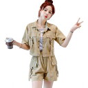 【送料無料】 セットアップ レディース 夏 大きいサイズ 上下セット 韓国 半袖 クロップド ジャケット ショートパンツ カーゴパンツ ミリタリー ボタンダウン...