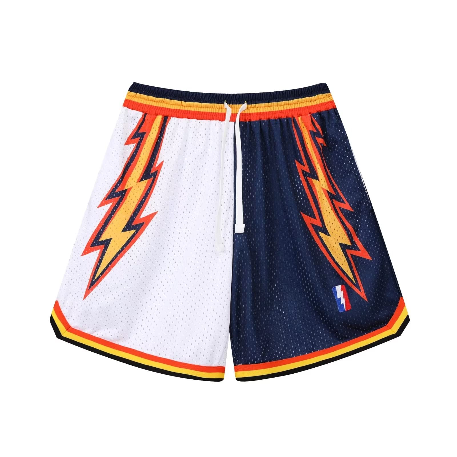 【送料無料】 バスケットパンツ メンズ スポーツ アメリカンレトロ短パン 稲妻パターン ウェア ランニング トレーニング ショートパンツ ポケット付き ウエスト 調整可能 速乾 通気 色：ブルーホワイト(稲妻3)、サイズ：L