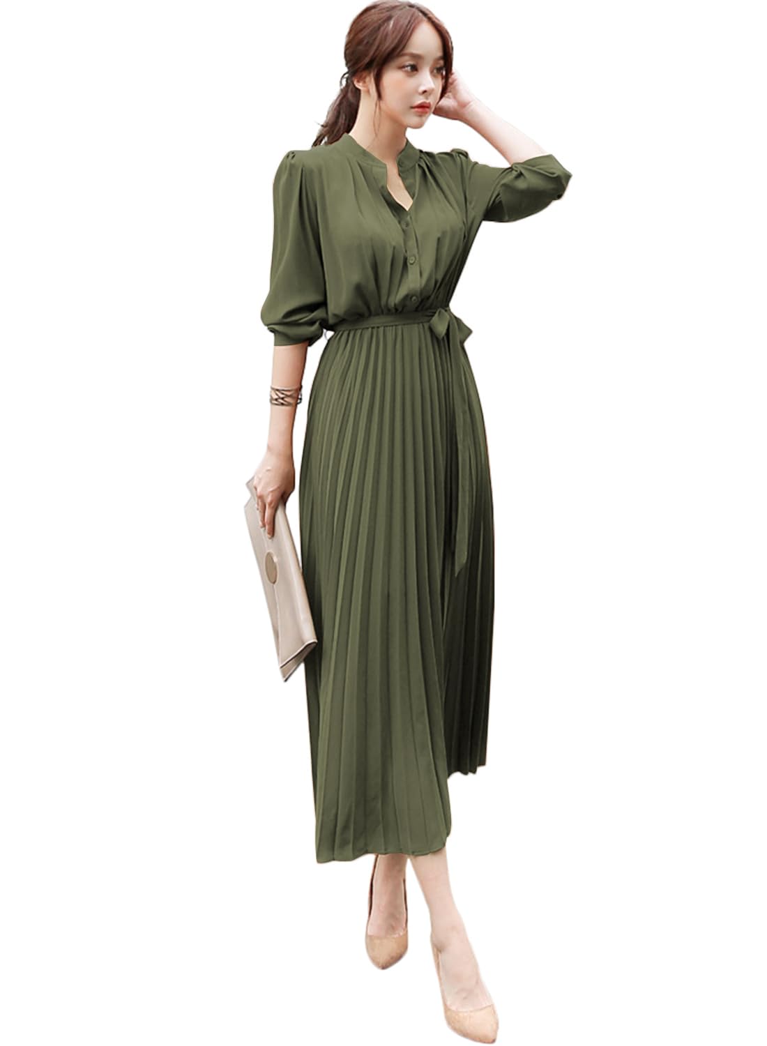 【送料無料】 スイーヤ ロング ワンピース プリーツ レディース シャツワンピース ウエストゴム リボン タック 可愛い 着痩せ おしゃれ エレガント 通勤 結婚式 パーティー ドレス 春 秋 冬 色：グリーン、サイズ：L
